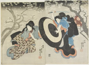 Zwei Frauen kämpfen unter einem Kirschbaum, eine Szene aus einem Kabuki-Stück, 1847-1852